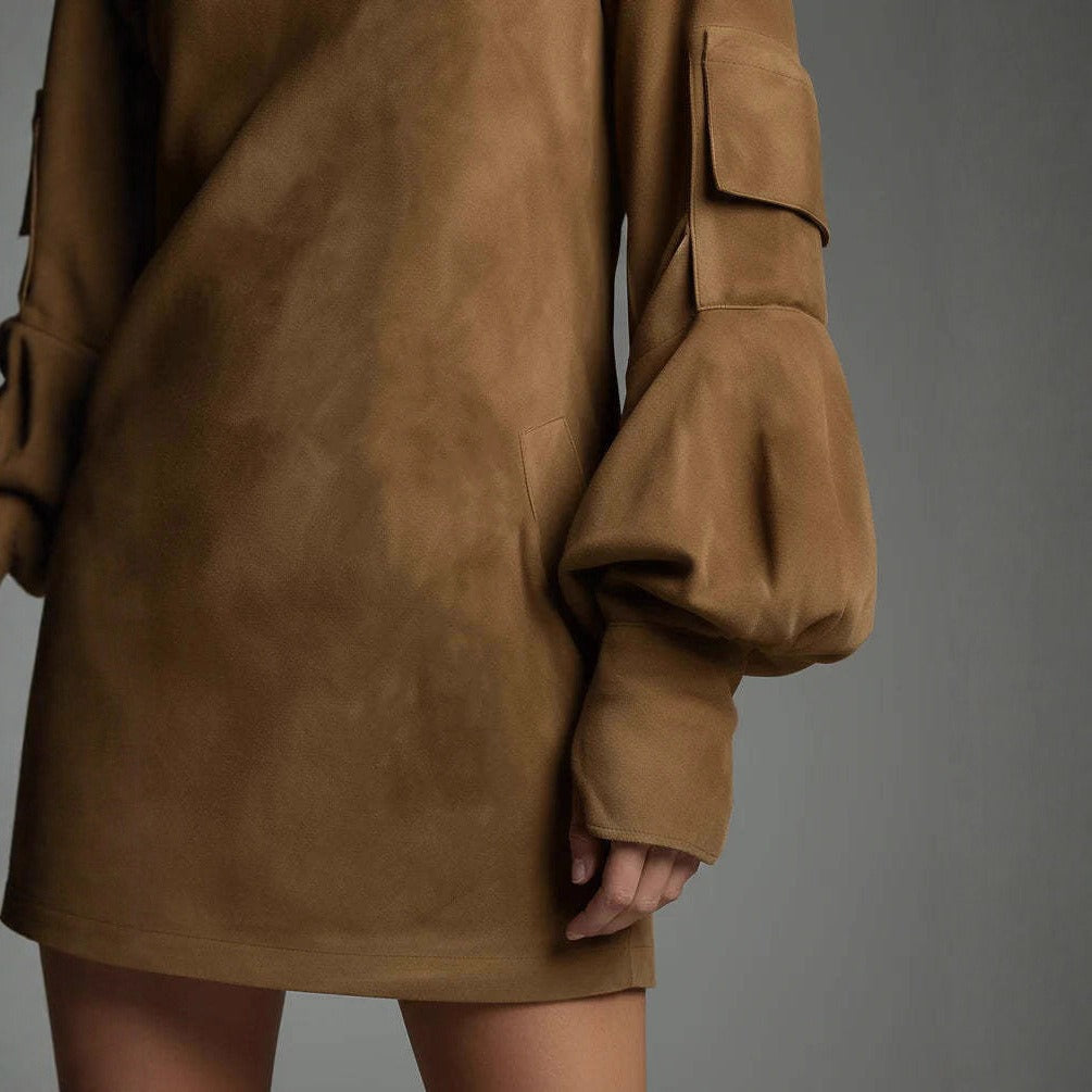 Women's Vintage Loose Suede Turtleneck Mini Dress