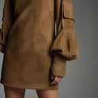 Women's Vintage Loose Suede Turtleneck Mini Dress