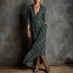 Women's Plaid Lapel Single-Breasted Shirt Maxi Dress
