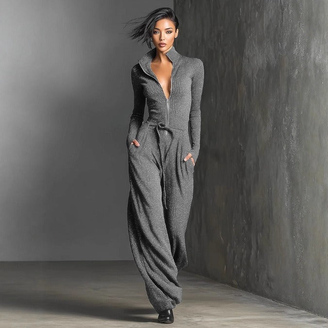 Women's Elegant Knit Sparkling Zipper Front Jumpsuit