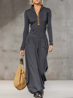 Women's Sports Cotton Blend Half-high Collar Zipper Loose Maxi Dress