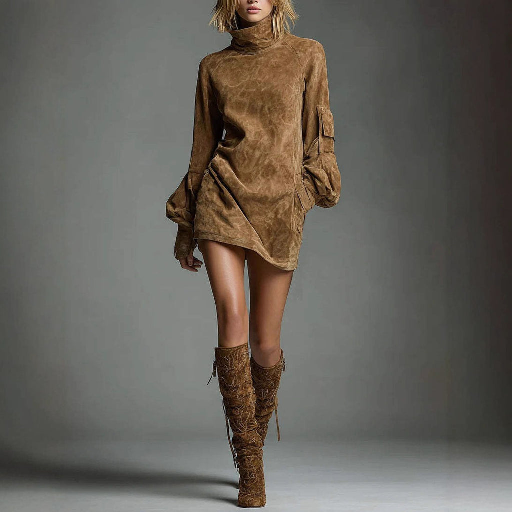 Women's Vintage Loose Suede Turtleneck Mini Dress