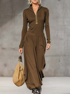 Women's Sports Cotton Blend Half-high Collar Zipper Loose Maxi Dress