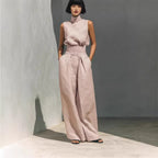 Women's Minimalist Cotton And Linen Blend Sleeveless Blouse And Wide-leg Pants Set
