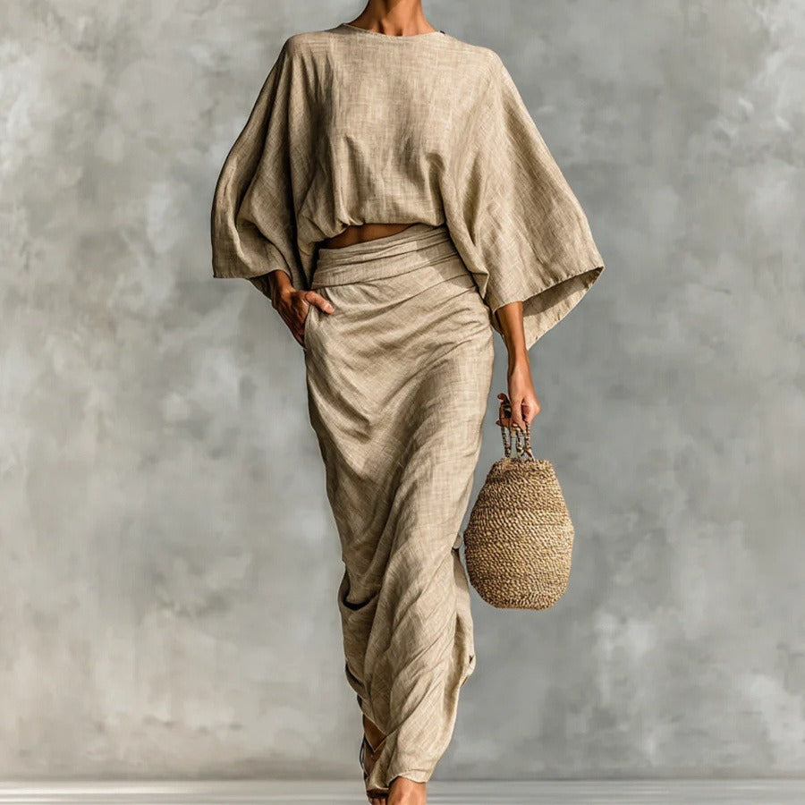 Women's Cotton And Linen Blend Bat Sleeve Long Skirt Two-piece Set