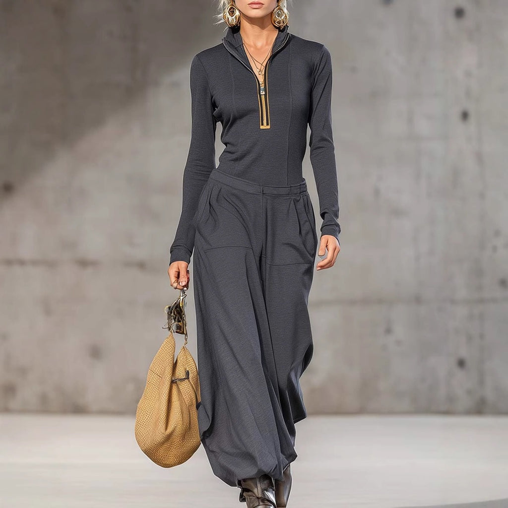 Women's Sports Cotton Blend Half-high Collar Zipper Loose Maxi Dress