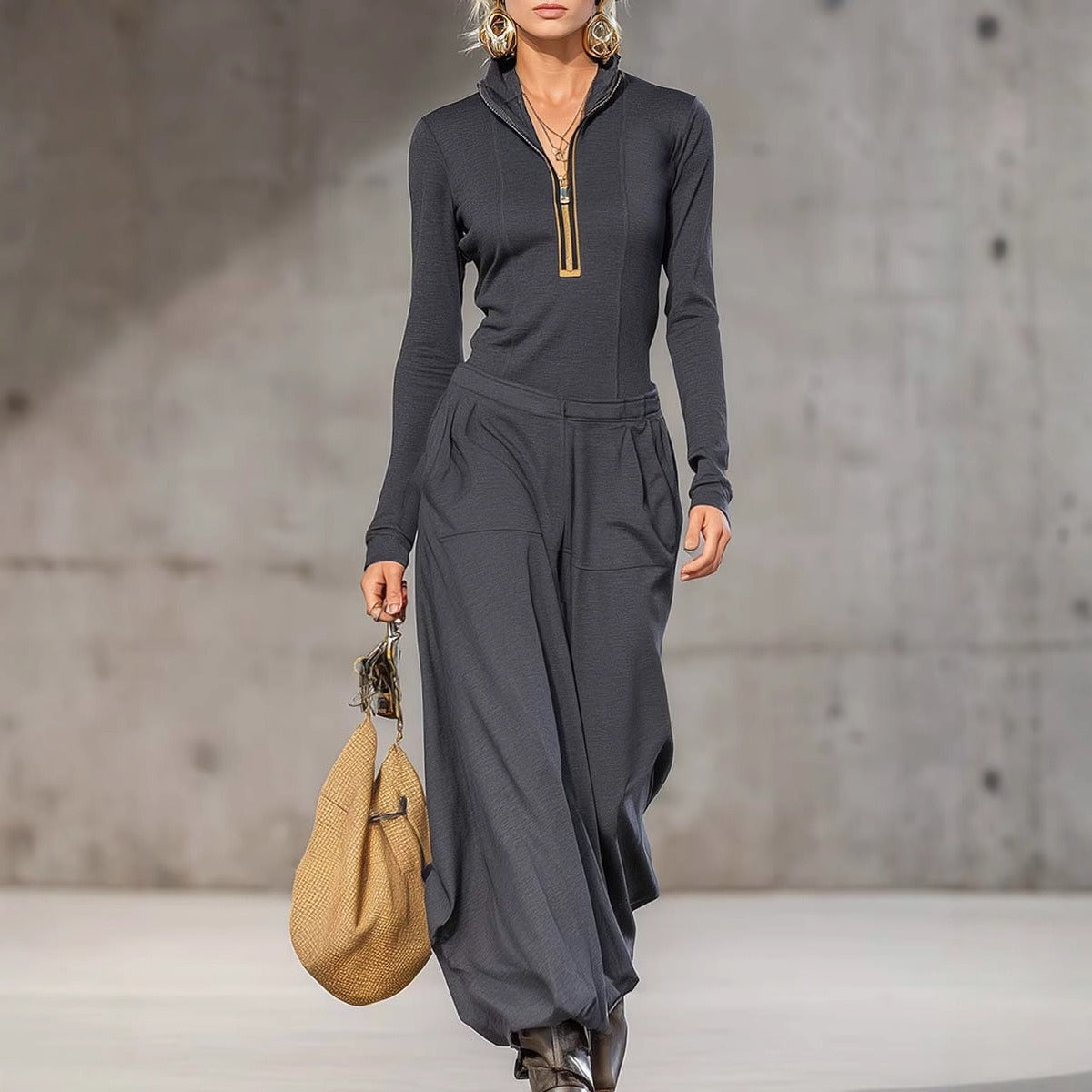 Women's Sports Cotton Blend Half-high Collar Zipper Loose Maxi Dress