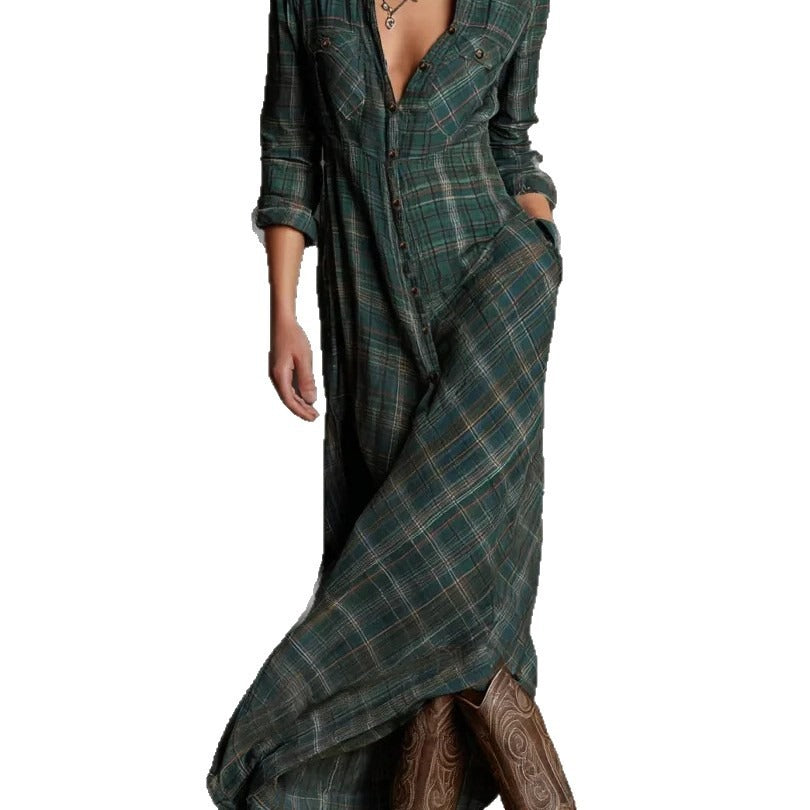 Women's Plaid Lapel Single-Breasted Shirt Maxi Dress