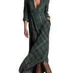 Women's Plaid Lapel Single-Breasted Shirt Maxi Dress
