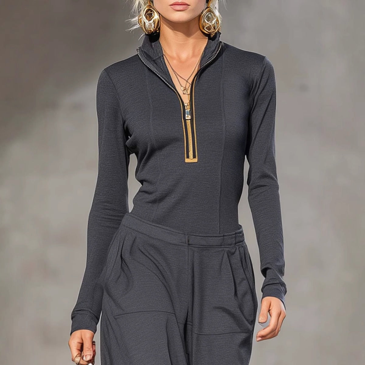 Women's Sports Cotton Blend Half-high Collar Zipper Loose Maxi Dress