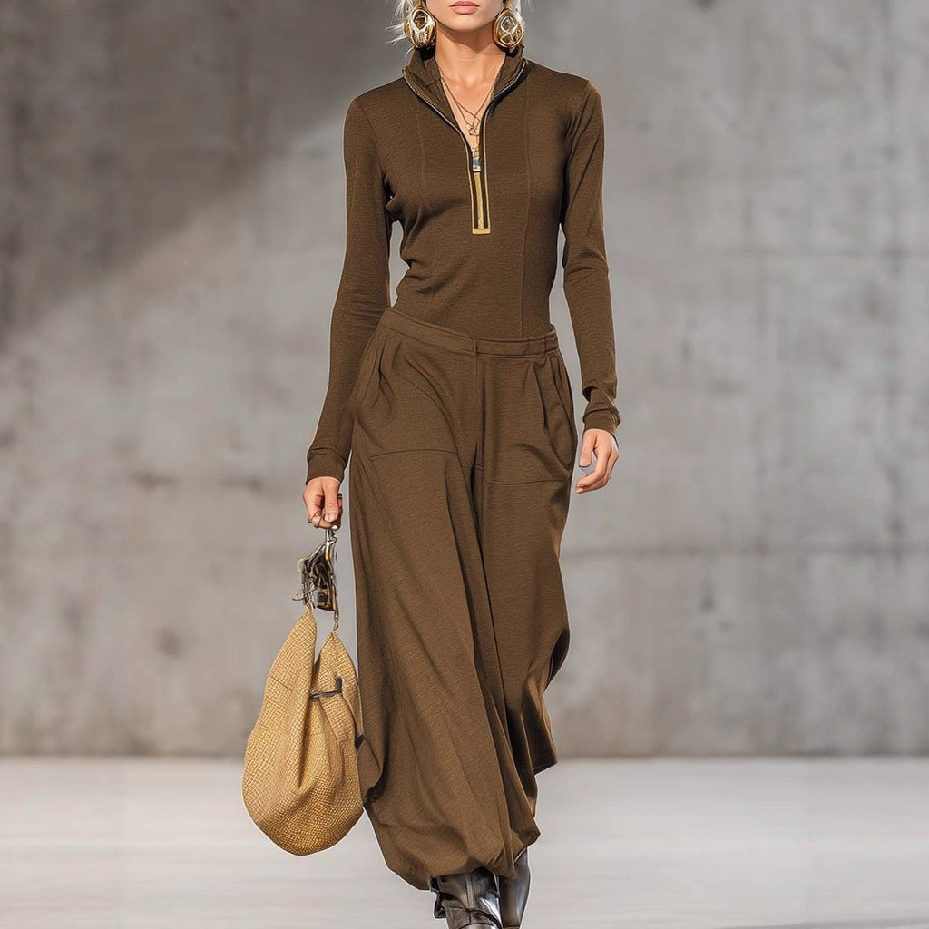 Women's Sports Cotton Blend Half-high Collar Zipper Loose Maxi Dress
