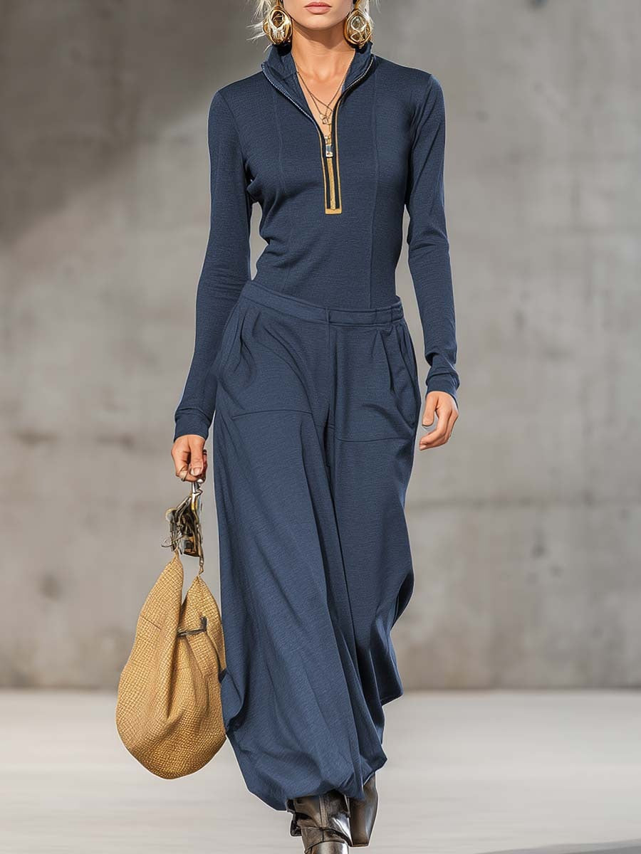Women's Sports Cotton Blend Half-high Collar Zipper Loose Maxi Dress