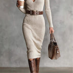 Women's Slim Fit Half Turtleneck V-Neck Long Sleeve Knitted Belted Midi Dress