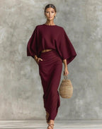 Women's Cotton And Linen Blend Bat Sleeve Long Skirt Two-piece Set