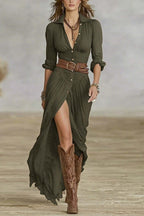 Women's Imitation Cotton And Linen Pleated Lapel Single-breasted Long-sleeved Maxi Dress