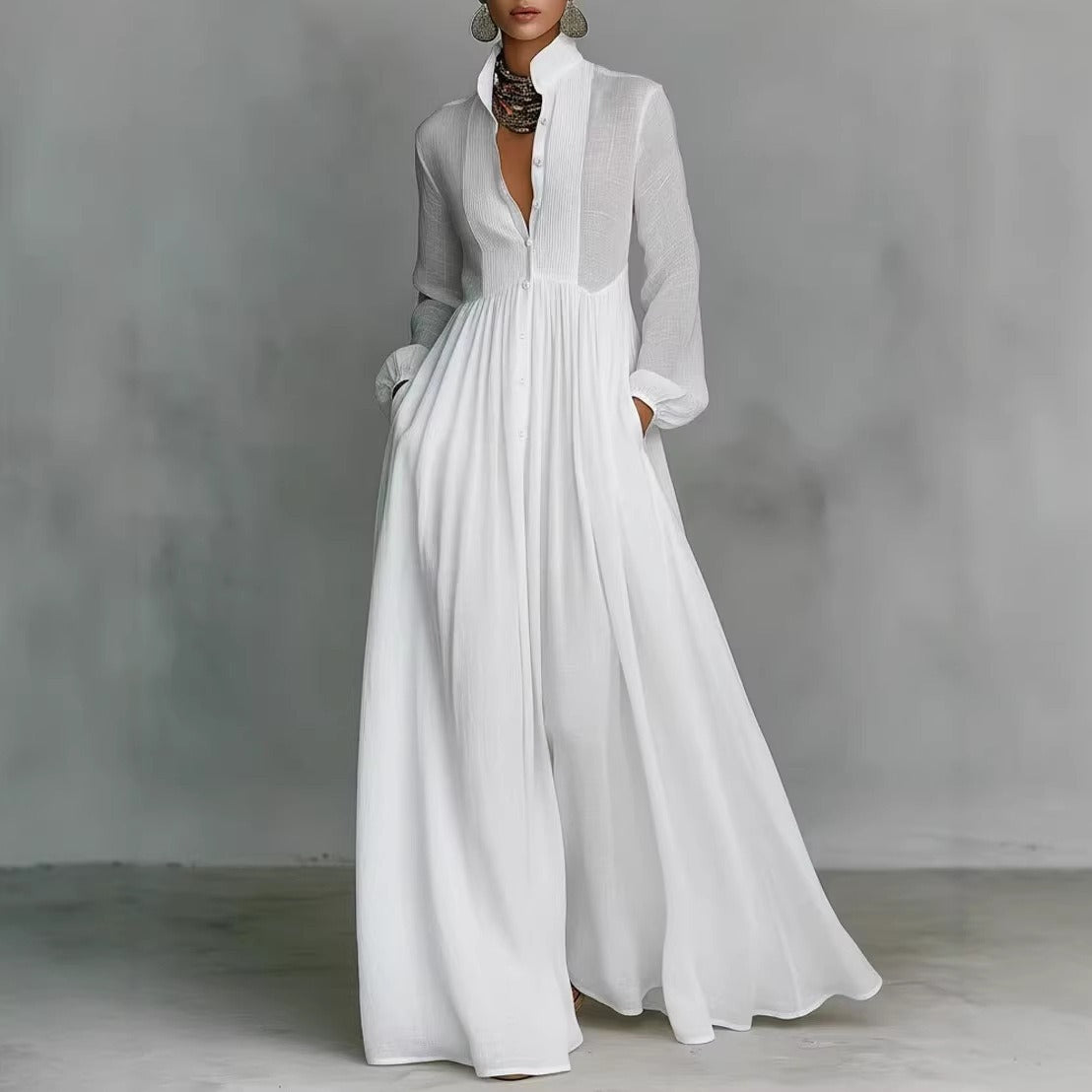 Women's Minimalist Cotton And Linen Patchwork Single-breasted Stand-up Collar Long-sleeved Maxi Dress