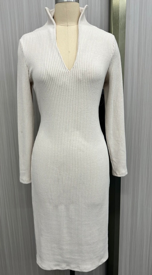Women's Slim Fit Half Turtleneck V-Neck Long Sleeve Knitted Belted Midi Dress