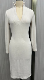 Women's Slim Fit Half Turtleneck V-Neck Long Sleeve Knitted Belted Midi Dress