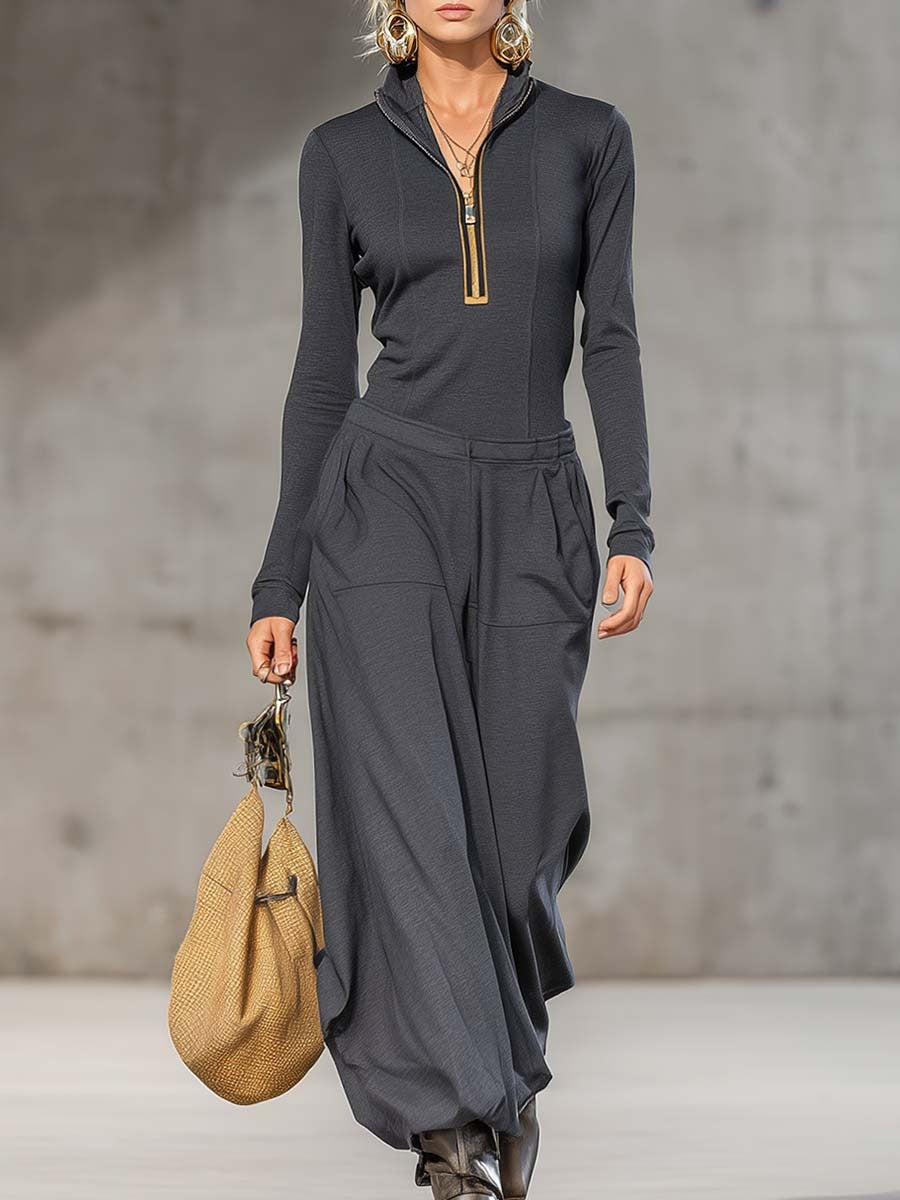Women's Sports Cotton Blend Half-high Collar Zipper Loose Maxi Dress