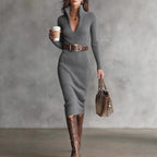 Women's Slim Fit Half Turtleneck V-Neck Long Sleeve Knitted Belted Midi Dress