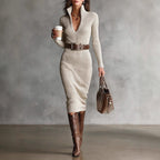 Women's Slim Fit Half Turtleneck V-Neck Long Sleeve Knitted Belted Midi Dress