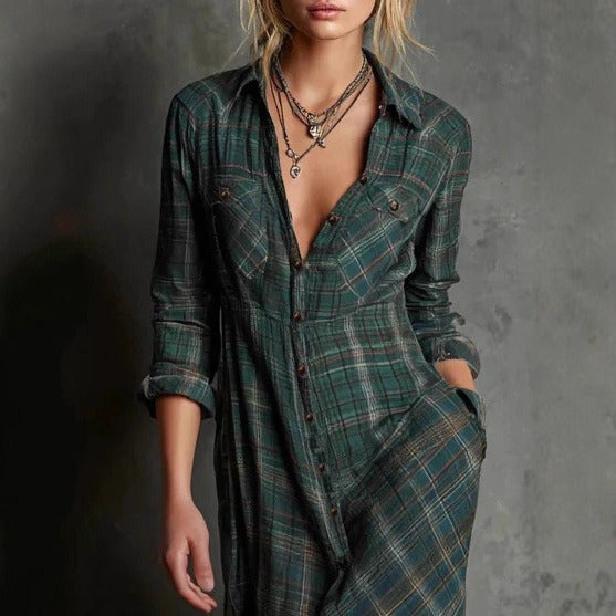 Women's Plaid Lapel Single-Breasted Shirt Maxi Dress