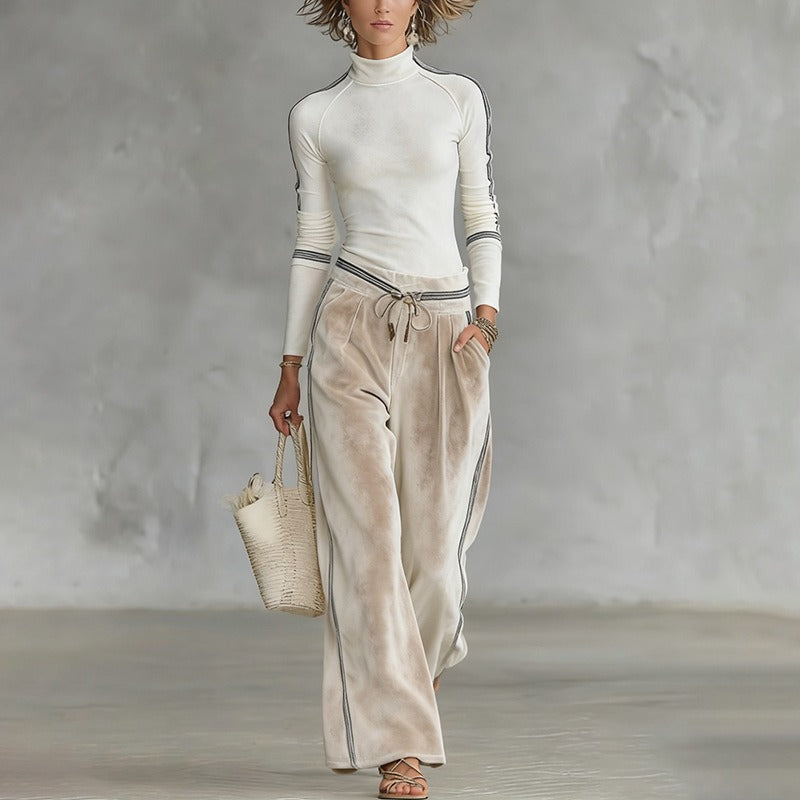 Women's Sports Half-high-neck Long-sleeved T-shirt Drawstring Wide-leg Pants Two-piece Set