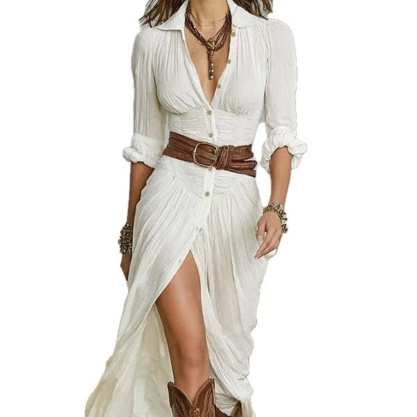 Women's Imitation Cotton And Linen Pleated Lapel Single-breasted Long-sleeved Maxi Dress