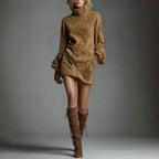 Women's Vintage Loose Suede Turtleneck Mini Dress