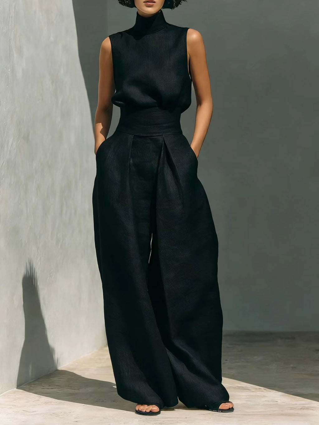Women's Minimalist Cotton And Linen Blend Sleeveless Blouse And Wide-leg Pants Set