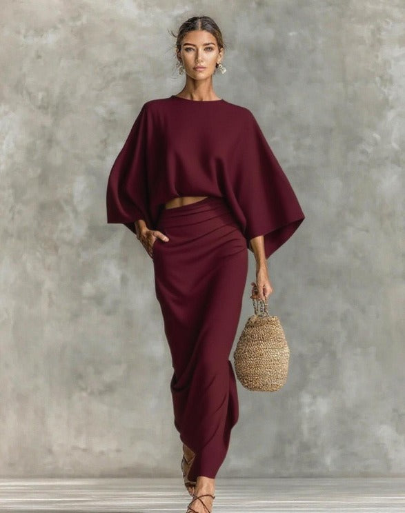 Women's Cotton And Linen Blend Bat Sleeve Long Skirt Two-piece Set