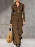 Women's Sports Cotton Blend Half-high Collar Zipper Loose Maxi Dress