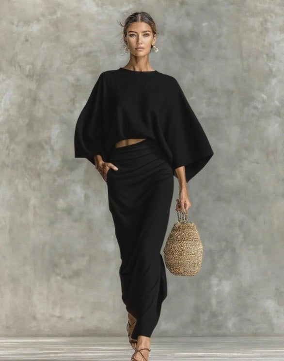 Women's Cotton And Linen Blend Bat Sleeve Long Skirt Two-piece Set
