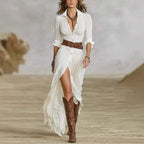 Women's Imitation Cotton And Linen Pleated Lapel Single-breasted Long-sleeved Maxi Dress