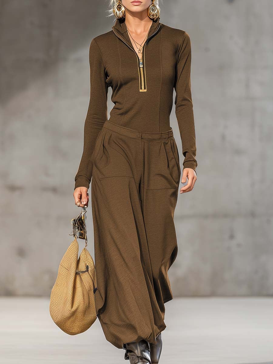 Women's Sports Cotton Blend Half-high Collar Zipper Loose Maxi Dress