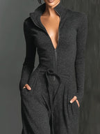 Women's Elegant Knit Sparkling Zipper Front Jumpsuit