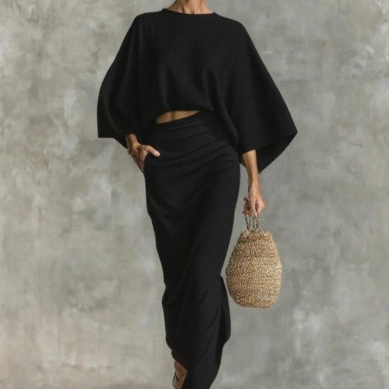 Women's Cotton And Linen Blend Bat Sleeve Long Skirt Two-piece Set