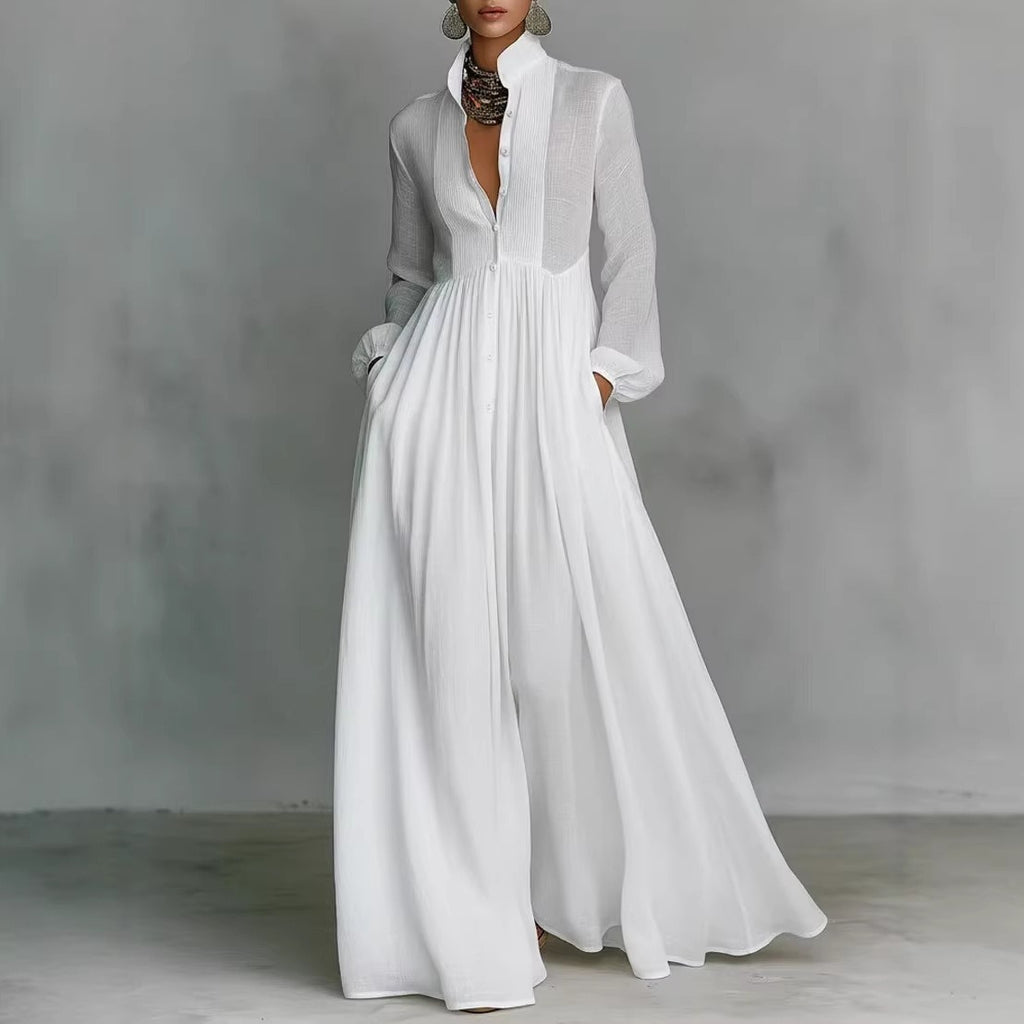 Women's Minimalist Cotton And Linen Patchwork Single-breasted Stand-up Collar Long-sleeved Maxi Dress