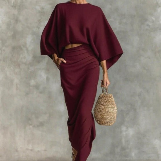 Women's Cotton And Linen Blend Bat Sleeve Long Skirt Two-piece Set