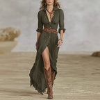 Women's Imitation Cotton And Linen Pleated Lapel Single-breasted Long-sleeved Maxi Dress