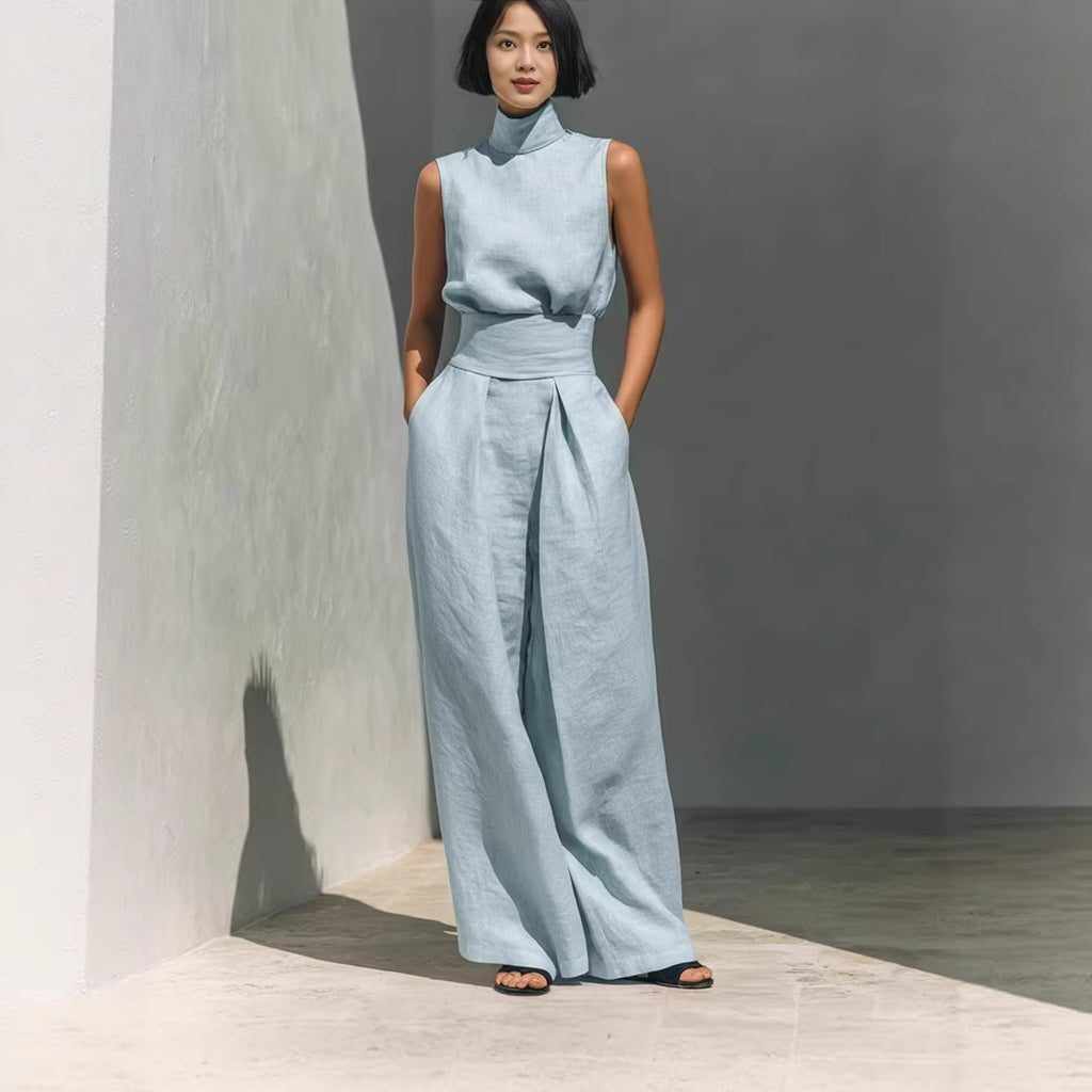 Women's Minimalist Cotton And Linen Blend Sleeveless Blouse And Wide-leg Pants Set
