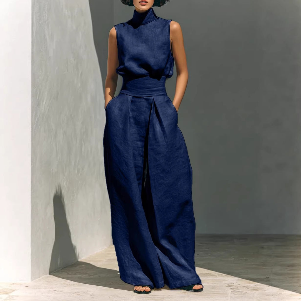 Women's Minimalist Cotton And Linen Blend Sleeveless Blouse And Wide-leg Pants Set