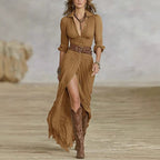 Women's Imitation Cotton And Linen Pleated Lapel Single-breasted Long-sleeved Maxi Dress