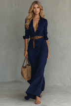 Ladies Lapel Single Breasted Long Sleeve Belted Maxi Dress