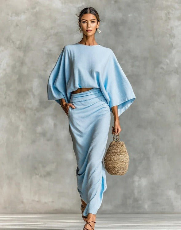 Women's Cotton And Linen Blend Bat Sleeve Long Skirt Two-piece Set