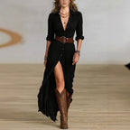 Women's Imitation Cotton And Linen Pleated Lapel Single-breasted Long-sleeved Maxi Dress