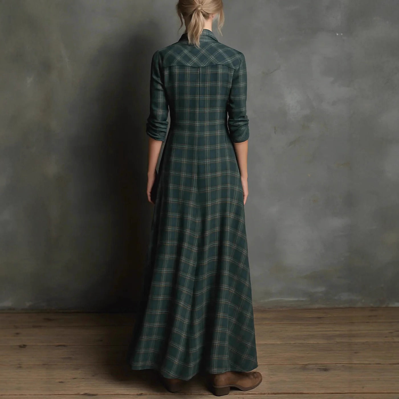 Women's Plaid Lapel Single-Breasted Shirt Maxi Dress