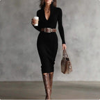 Women's Slim Fit Half Turtleneck V-Neck Long Sleeve Knitted Belted Midi Dress
