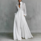Women's Minimalist Cotton And Linen Patchwork Single-breasted Stand-up Collar Long-sleeved Maxi Dress