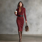 Women's Slim Fit Half Turtleneck V-Neck Long Sleeve Knitted Belted Midi Dress